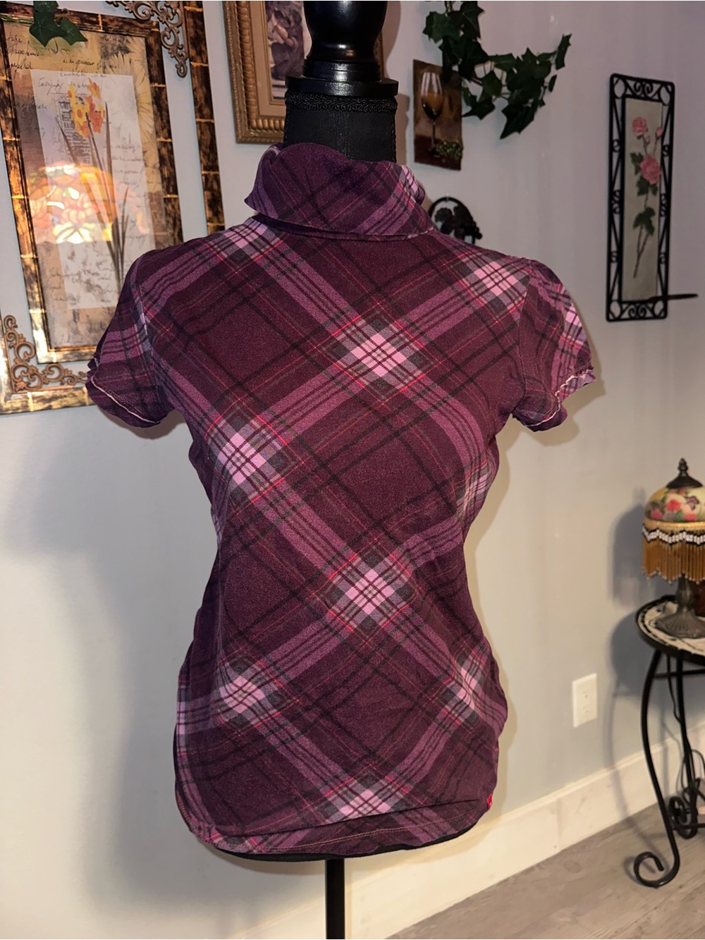 Vintage Y2K Euro EDC Purple Pink Plaid Short-Sleeve Turtleneck Top, Size M
